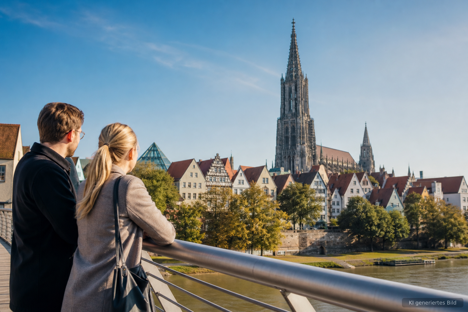 Blick auf die Donaustadt Ulm mit Münster und historischer Altstadt am Flussufer